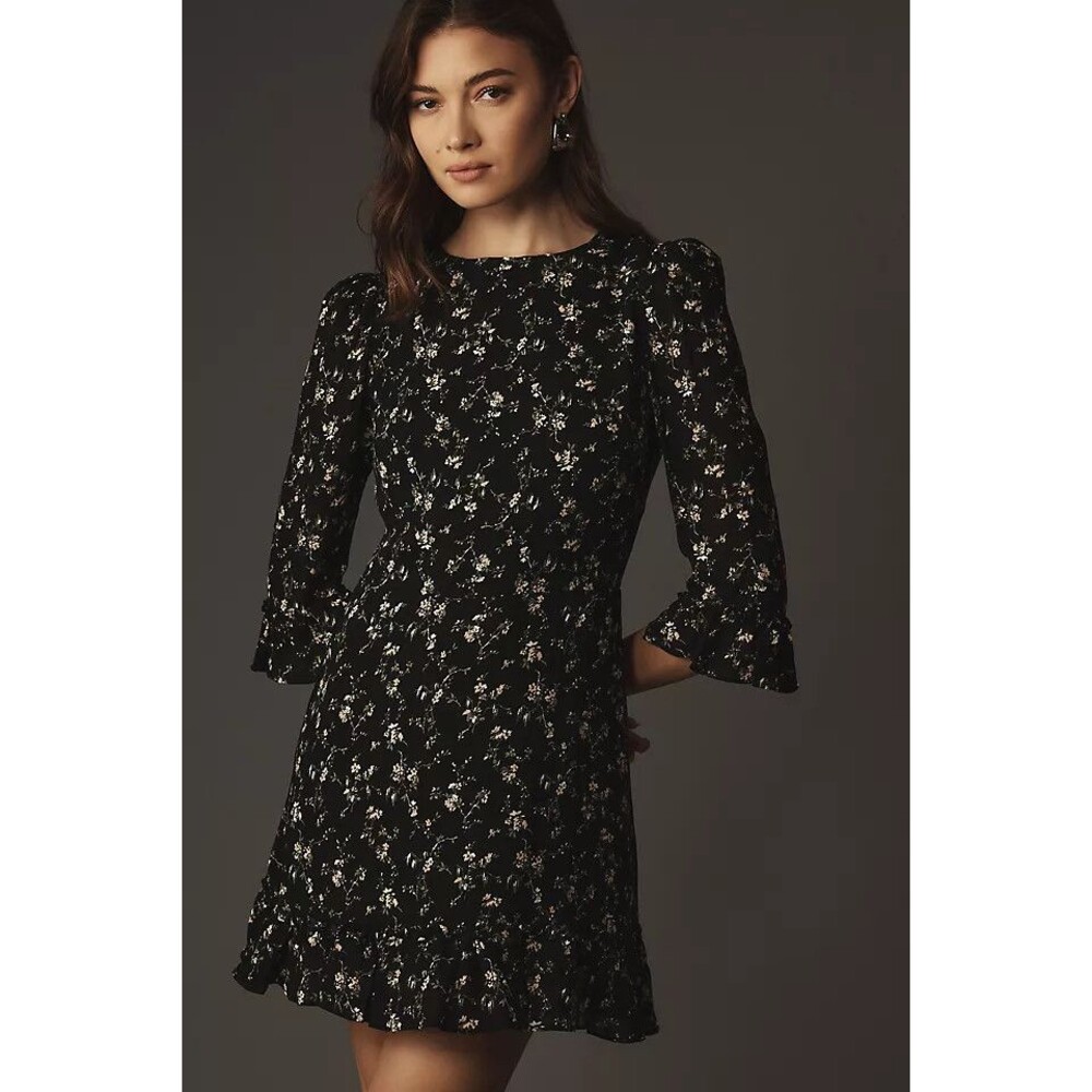 Reformation Doutzen Dress Womens 8 Black Floral Ruffle Long Sleeve Mini A-Line